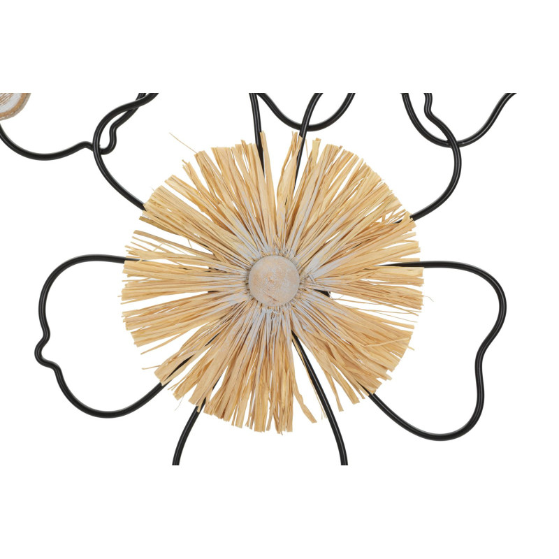 Grande déco murale moderne Fleurs 75x42 en Métal Noir Raphia Naturel Bois Marron Itis 
