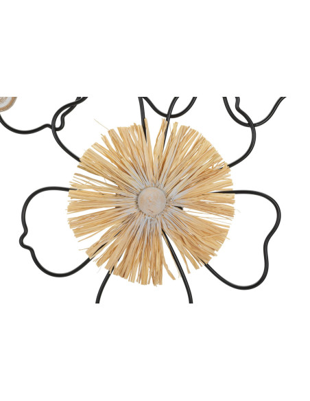 Grande déco murale moderne Fleurs 75x42 en Métal Noir Raphia Naturel Bois Marron Itis 