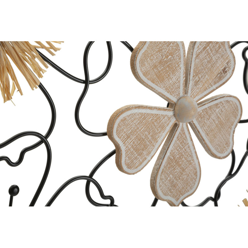Grande déco murale moderne Fleurs 75x42 en Métal Noir Raphia Naturel Bois Marron Itis 