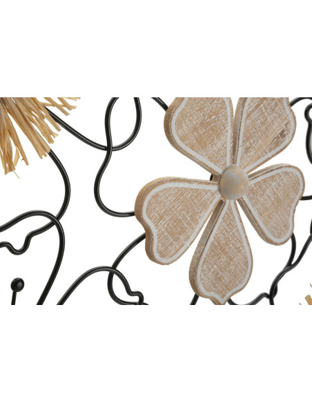 Grande déco murale moderne Fleurs 75x42 en Métal Noir Raphia Naturel Bois Marron Itis 