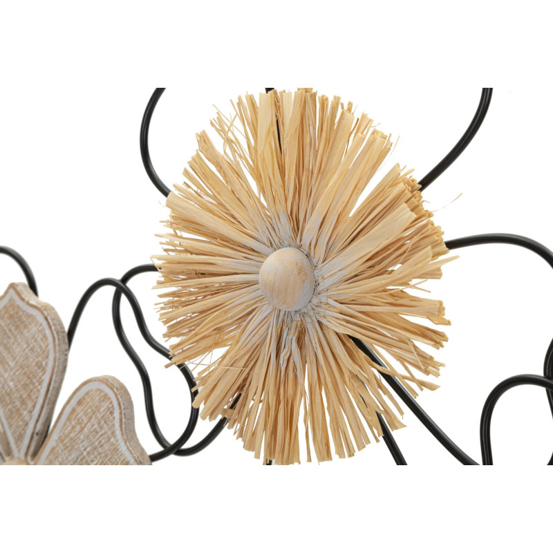Grande déco murale moderne Fleurs 75x42 en Métal Noir Raphia Naturel Bois Marron Itis 