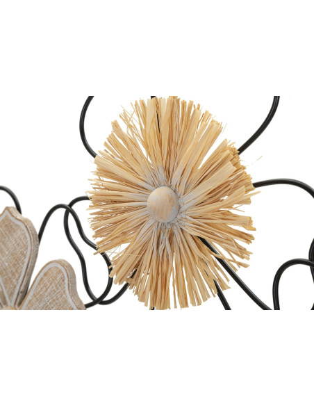 Grande déco murale moderne Fleurs 75x42 en Métal Noir Raphia Naturel Bois Marron Itis 