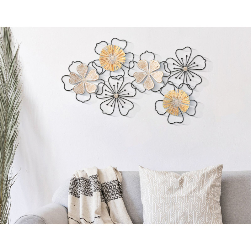 Grande déco murale moderne Fleurs 75x42 en Métal Noir Raphia Naturel Bois Marron Itis 