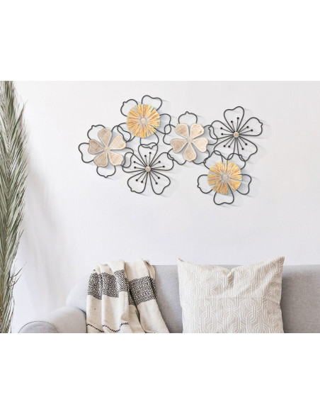 Grande déco murale moderne Fleurs 75x42 en Métal Noir Raphia Naturel Bois Marron Itis 