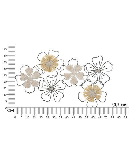 Grande déco murale moderne Fleurs 75x42 en Métal Noir Raphia Naturel Bois Marron Itis 