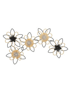 Grande déco murale moderne Fleurs 60x35 en Métal Noir Raphia Naturel Flow 