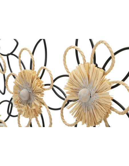 Grande déco murale moderne Fleurs 60x35 en Métal Noir Raphia Naturel Flow 