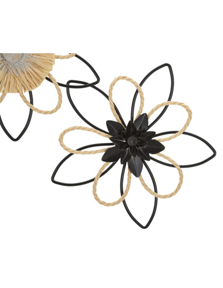 Grande déco murale moderne Fleurs 60x35 en Métal Noir Raphia Naturel Flow 