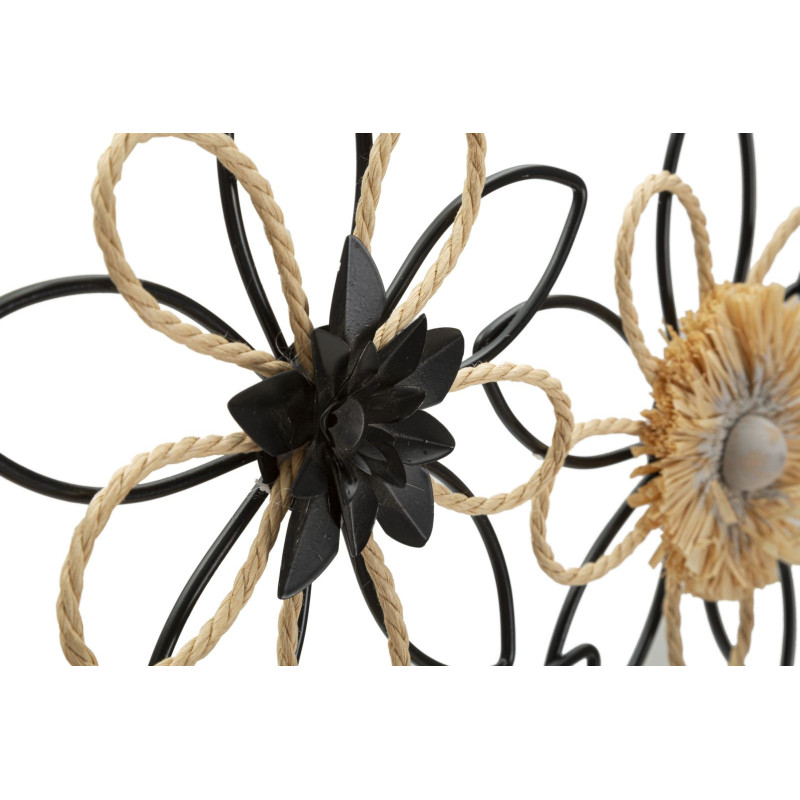 Grande déco murale moderne Fleurs 60x35 en Métal Noir Raphia Naturel Flow 