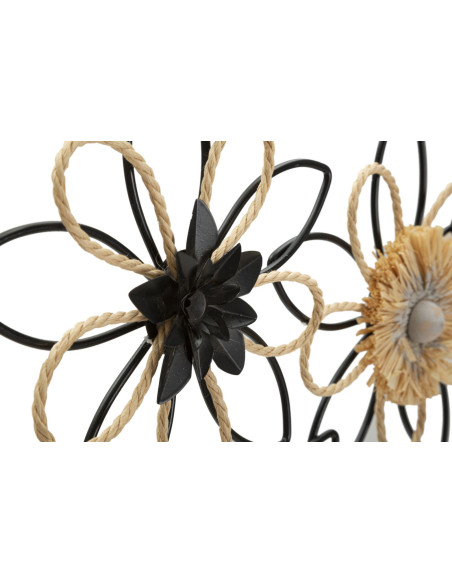 Grande déco murale moderne Fleurs 60x35 en Métal Noir Raphia Naturel Flow 