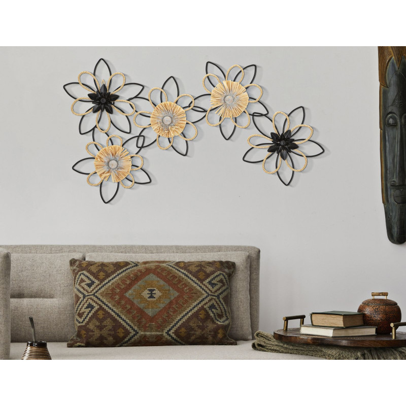 Grande déco murale moderne Fleurs 60x35 en Métal Noir Raphia Naturel Flow 