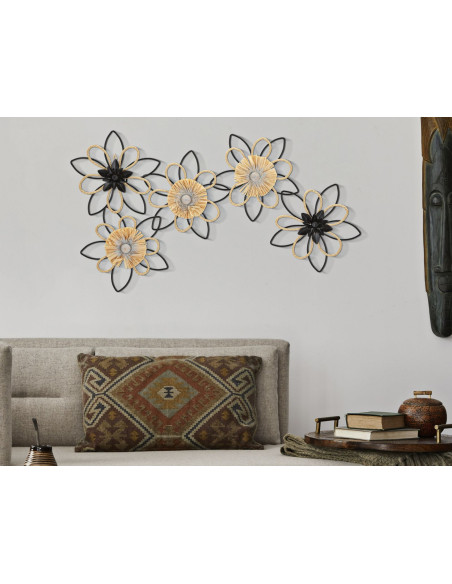 Grande déco murale moderne Fleurs 60x35 en Métal Noir Raphia Naturel Flow 