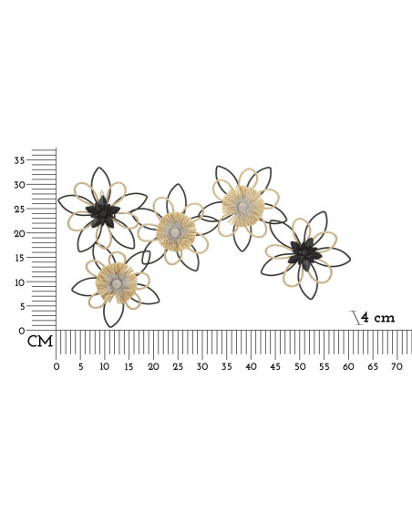 Grande déco murale moderne Fleurs 60x35 en Métal Noir Raphia Naturel Flow 