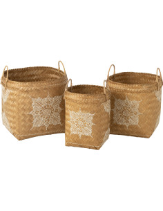 Panier de rangement avec anses Carré en Bambou Naturel Blanc Motif fleur Loreen (Lot de 3) - 1