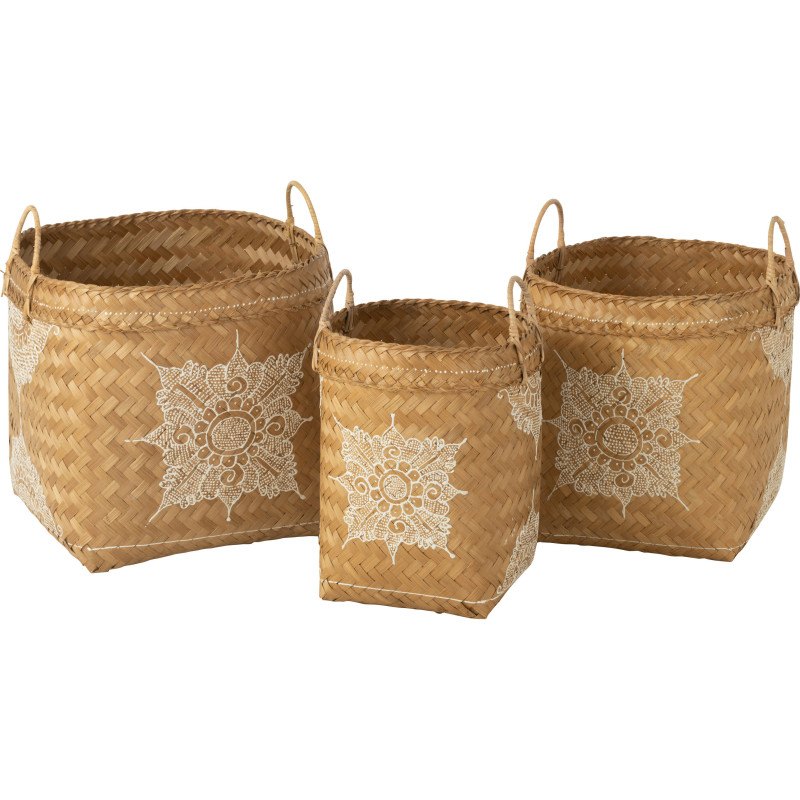 Panier de rangement avec anses Carré en Bambou Naturel Blanc Motif fleur Loreen (Lot de 3) - 1