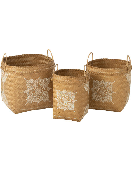 Panier de rangement avec anses Carré en Bambou Naturel Blanc Motif fleur Loreen (Lot de 3) - 1