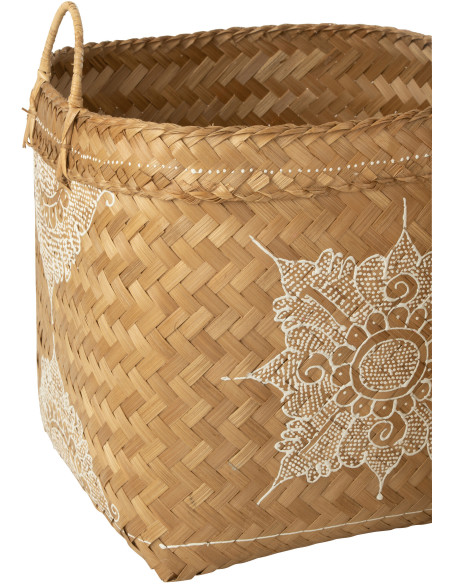 Panier de rangement avec anses Carré en Bambou Naturel Blanc Motif fleur Loreen (Lot de 3) - 2