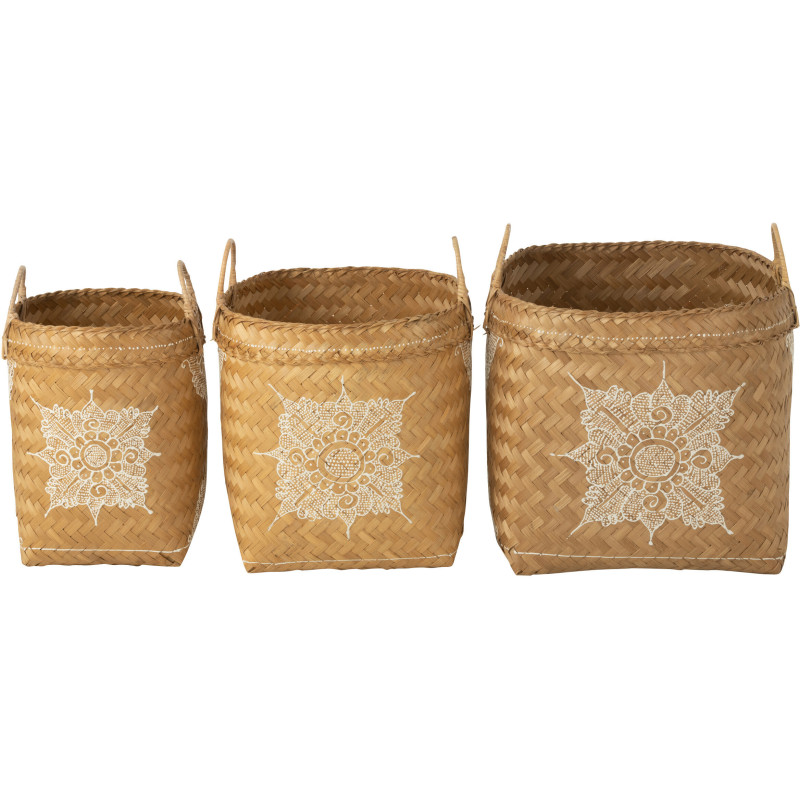 Panier de rangement avec anses Carré en Bambou Naturel Blanc Motif fleur Loreen (Lot de 3) - 3