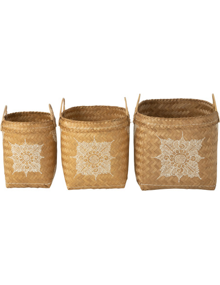 Panier de rangement avec anses Carré en Bambou Naturel Blanc Motif fleur Loreen (Lot de 3) - 3