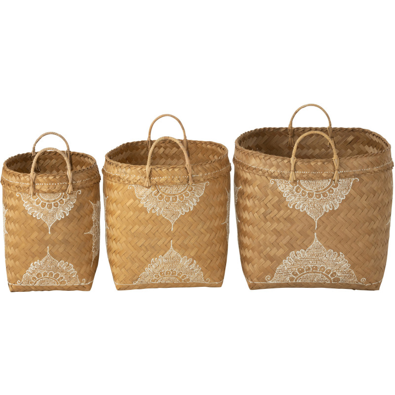 Panier de rangement avec anses Carré en Bambou Naturel Blanc Motif fleur Loreen (Lot de 3) - 4