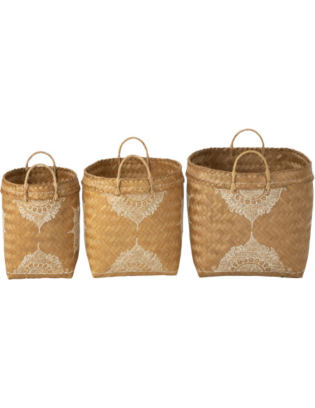 Panier de rangement avec anses Carré en Bambou Naturel Blanc Motif fleur Loreen (Lot de 3) - 4