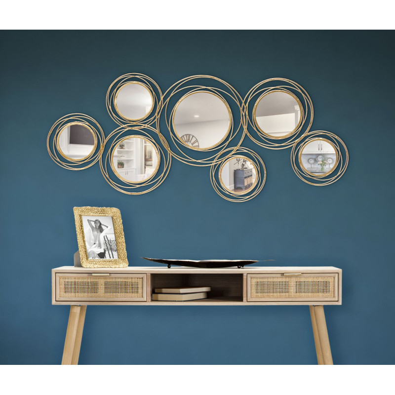 Grande déco murale moderne Cercles 124x53 en Métal Doré Miroir Round 