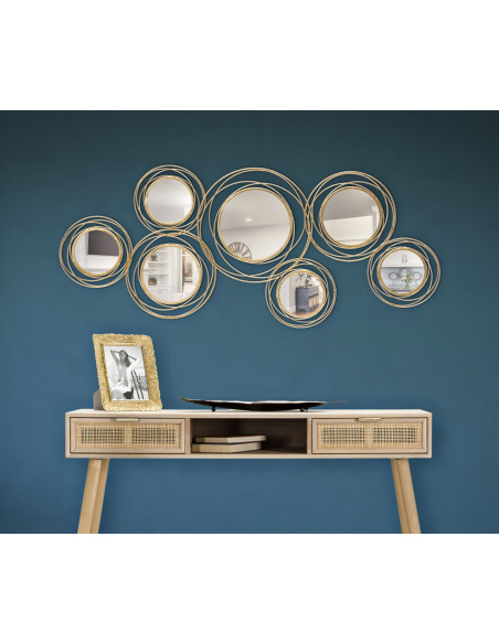 Grande déco murale moderne Cercles 124x53 en Métal Doré Miroir Round 