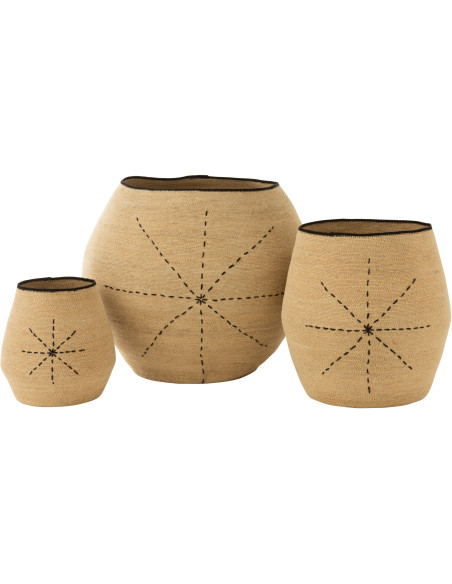 Panier de rangement Ovale en Jonc de mer Naturel Noir Motif tirets Emna (Lot de 3) - 1