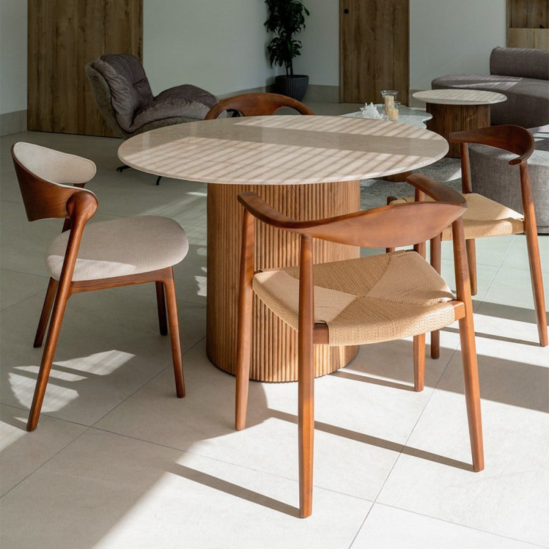 Table à manger moderne chic Ronde 6 personnes en Marbre Blanc Bois de manguier Naturel Yaiza - 2