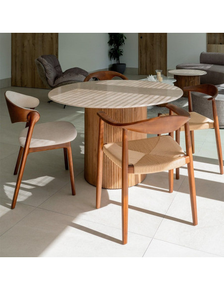 Table à manger moderne chic Ronde 6 personnes en Marbre Blanc Bois de manguier Naturel Yaiza - 2