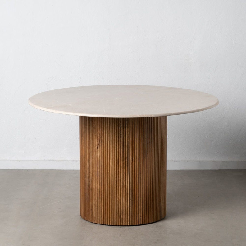 Table à manger moderne chic Ronde 6 personnes en Marbre Blanc Bois de manguier Naturel Yaiza - 3