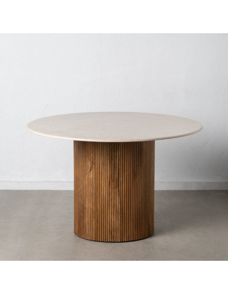 Table à manger moderne chic Ronde 6 personnes en Marbre Blanc Bois de manguier Naturel Yaiza - 3