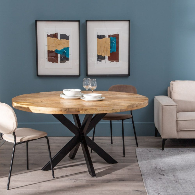 Grande Table à manger moderne Ronde 8 personnes en Bois de manguier Naturel Métal Noir Lurda - 2