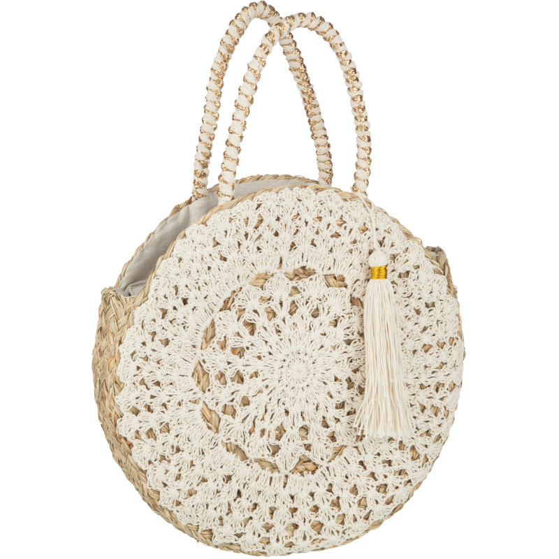 Sac de plage Rond 40 cm en Jonc de mer Naturel Blanc avec pompon Valeda - 1