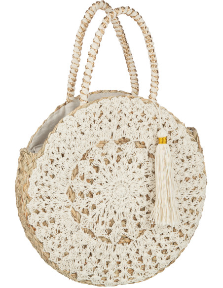 Sac de plage Rond 40 cm en Jonc de mer Naturel Blanc avec pompon Valeda - 1