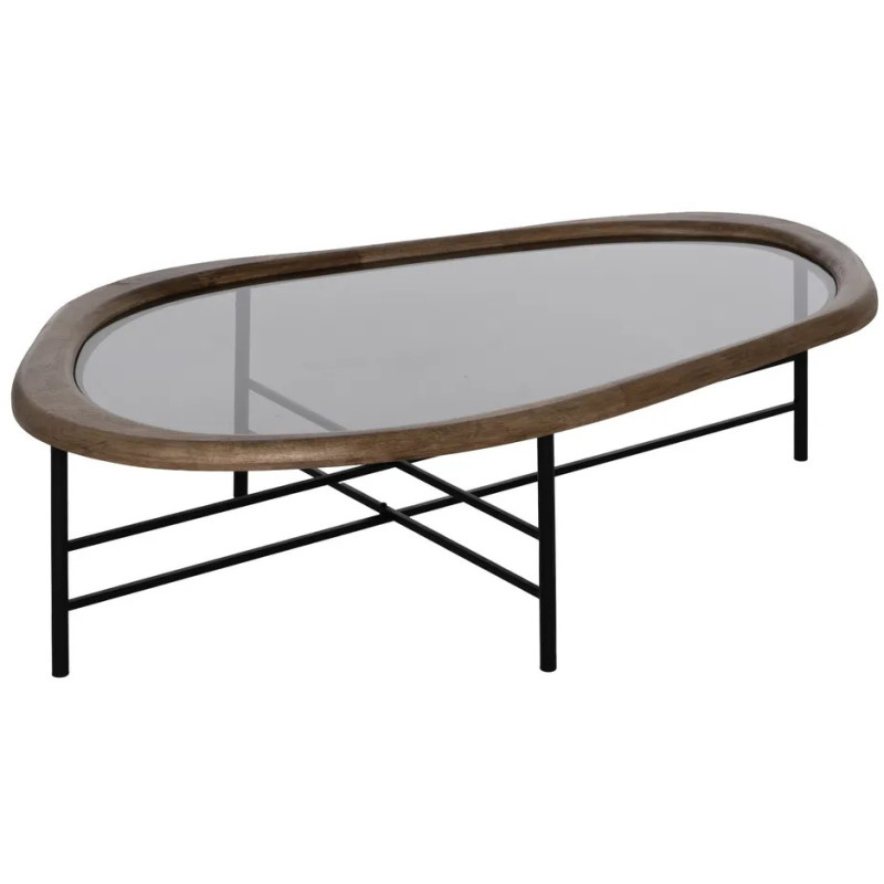 Grande Table basse originale Organique en Bois d'hévéa Marron Verre Transparent Métal Noir Helria - 1