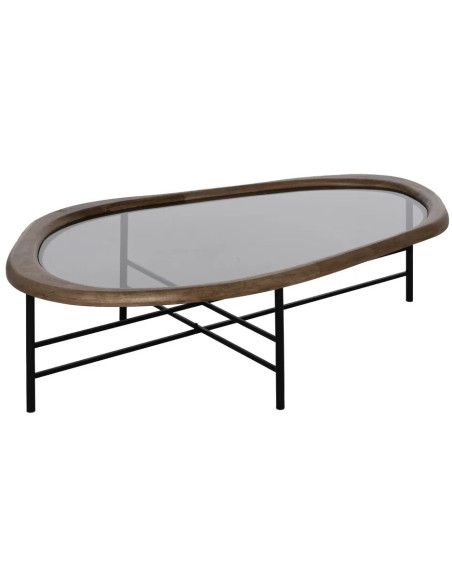 Grande Table basse originale Organique en Bois d'hévéa Marron Verre Transparent Métal Noir Helria - 1
