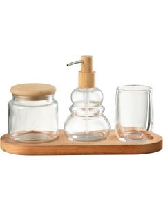 Coffret 4 accessoires de salle de bain en Verre Transparent Bois Naturel Octavia - 1