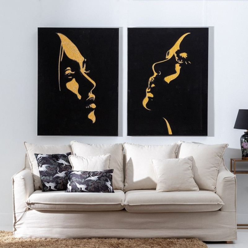 Grande Toile murale peinte Visages De Femmes 90x120 Doré Noir Olaya (Lot de 2) - 2