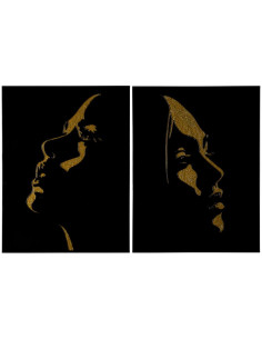 Grande Toile murale peinte Visages De Femmes 90x120 Doré Noir Olaya (Lot de 2) - 1