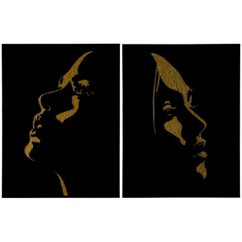 Grande Toile murale peinte Visages De Femmes 90x120 Doré Noir Olaya (Lot de 2) - 1