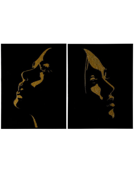 Grande Toile murale peinte Visages De Femmes 90x120 Doré Noir Olaya (Lot de 2) - 1