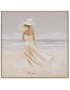 Toile murale peinte et imprimée Femmes à la plage 80x80 Beige Blanc Cadre en PS effet bois naturel Zaira (Lot de 2) - 2