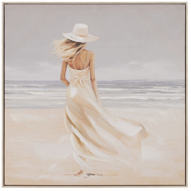 Toile murale peinte et imprimée Femmes à la plage 80x80 Beige Blanc Cadre en PS effet bois naturel Zaira (Lot de 2) - 2