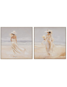 Toile murale peinte et imprimée Femmes à la plage 80x80 Beige Blanc Cadre en PS effet bois naturel Zaira (Lot de 2) - 1