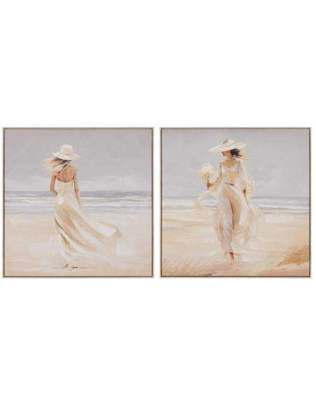 Toile murale peinte et imprimée Femmes à la plage 80x80 Beige Blanc Cadre en PS effet bois naturel Zaira (Lot de 2) - 1