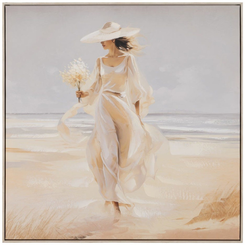 Toile murale peinte et imprimée Femmes à la plage 80x80 Beige Blanc Cadre en PS effet bois naturel Zaira (Lot de 2) - 3