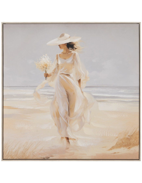 Toile murale peinte et imprimée Femmes à la plage 80x80 Beige Blanc Cadre en PS effet bois naturel Zaira (Lot de 2) - 3