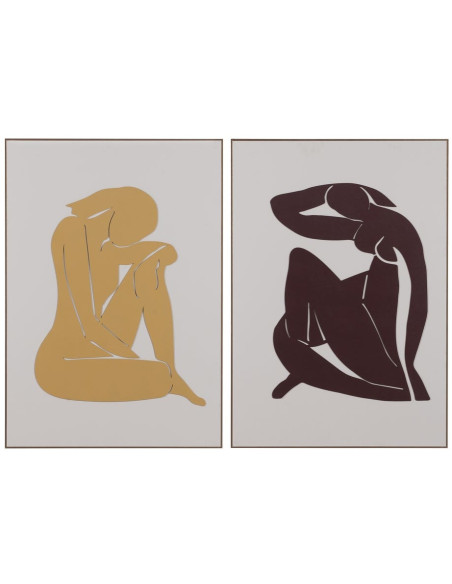 Grand Tableau déco mural relief Femmes 70x100 en Bois Jaune Marron Cadre en bois doré Dalia (Lot de 2) - 1