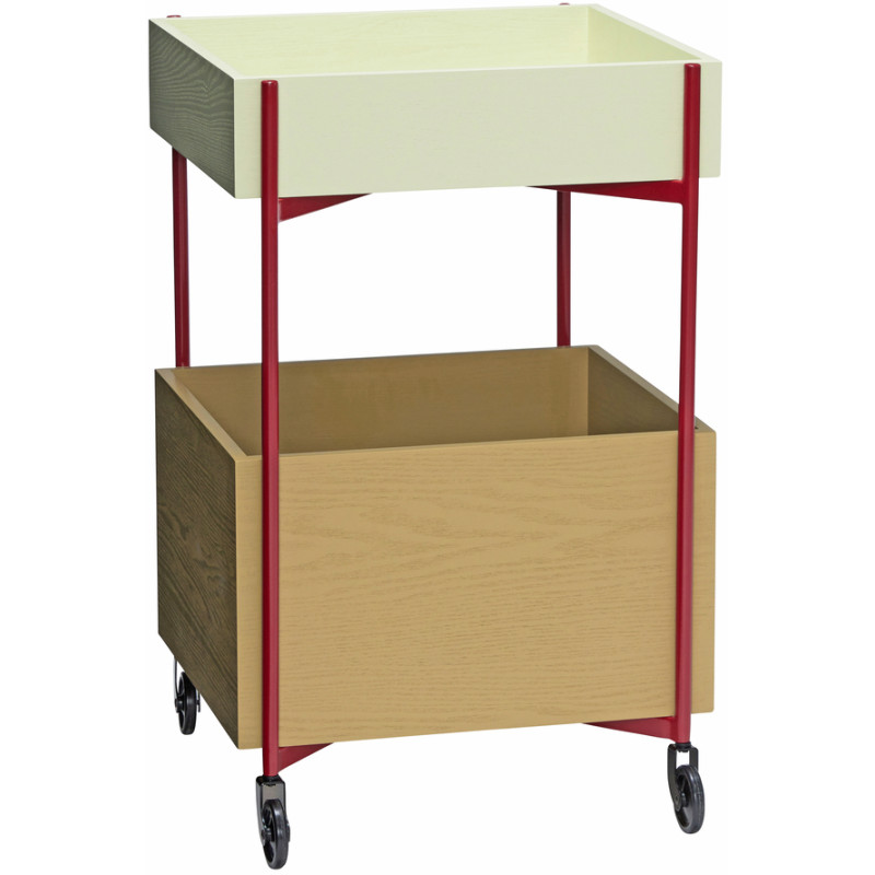 Desserte moderne à roulettes 2 niveaux en Bois de frêne Bois MDF Naturel Kaki Métal Rouge Fresh Hübsch - 1
